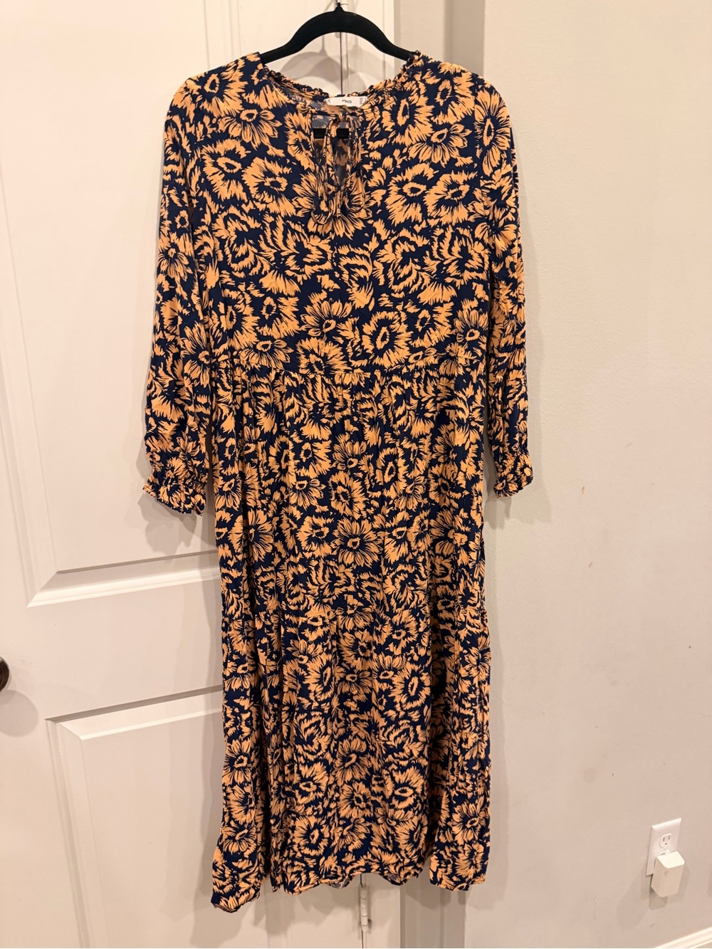 Mango Navy and Mustard Floral Tie-Neck Midi Dress